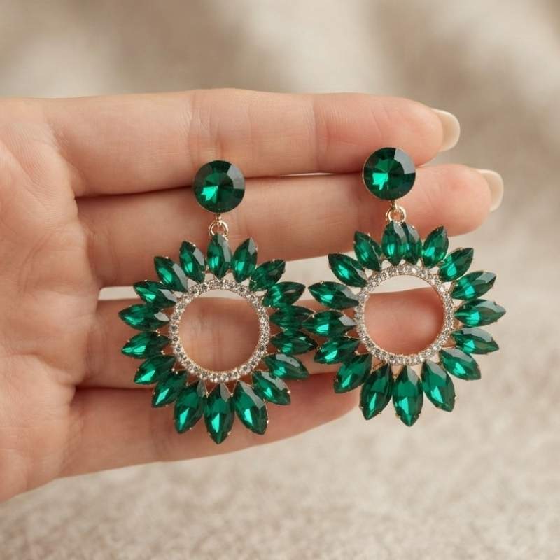 Green Earrings - BXB Emerald Green Crystal Sunburst Dangle Earrings - Glamorous Statement Jewelry - BXB - Image 1