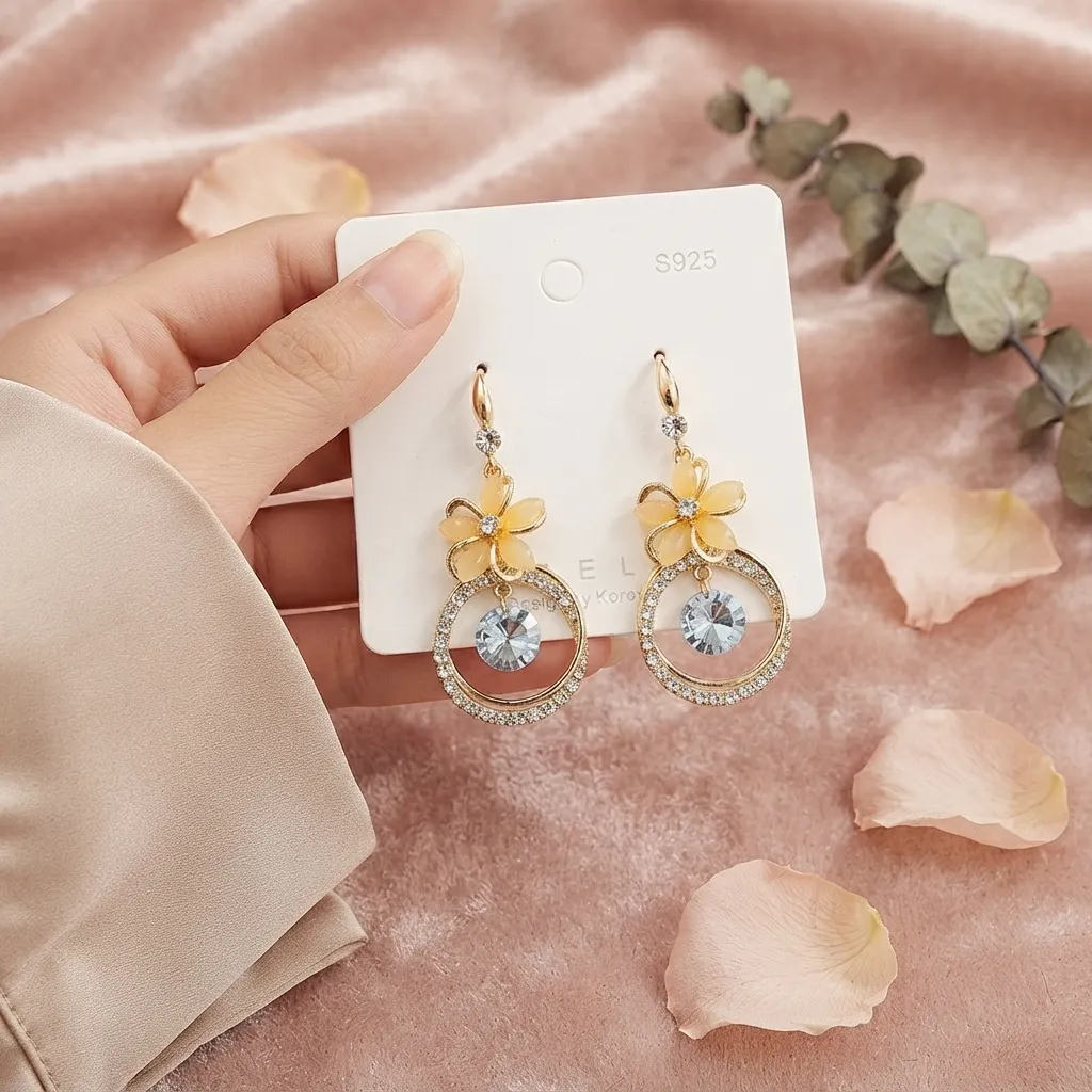 Flower Earrings - BXK Zawere Blooming Peach Flower & Crystal Halo Drop Earrings - Flower Earrings - BXK - Image 1