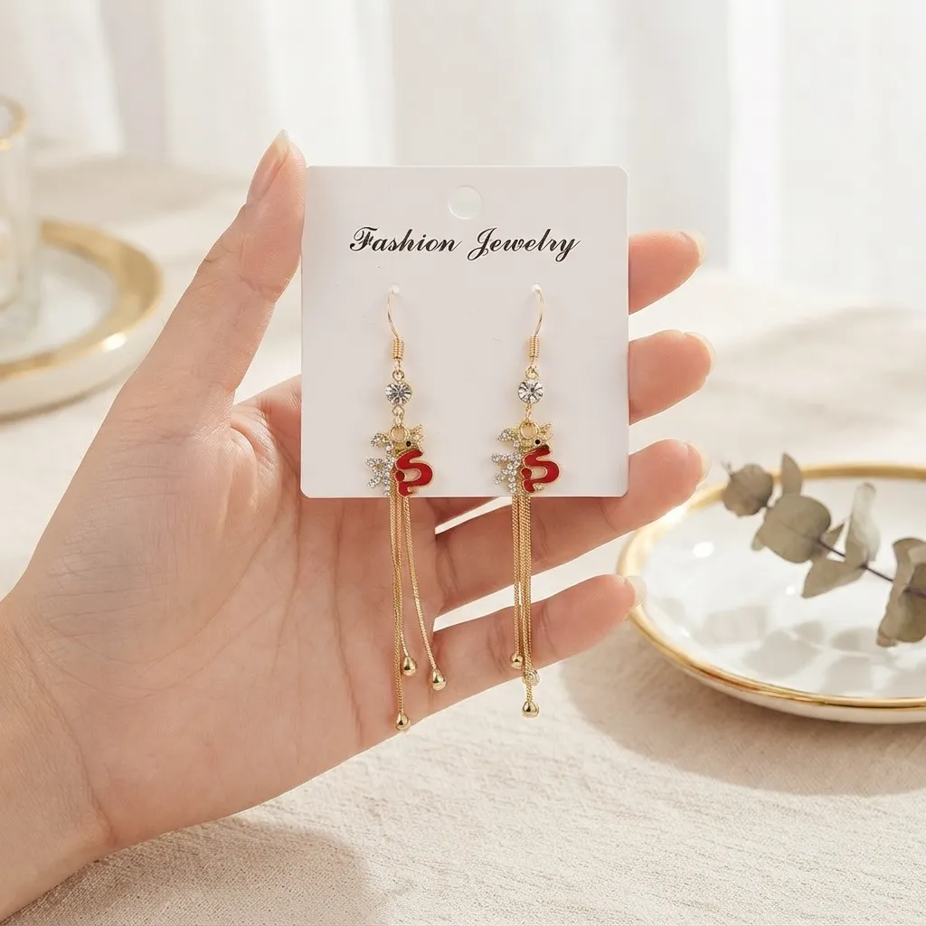 Long Earrings -BXK Red Accent Charm & Tassel Chain Drop Earrings - Long Earrings -BXK - Image 1
