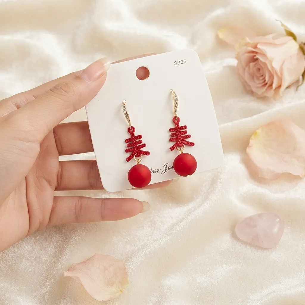Red Earrings - BXK Matte Bead Drop Earrings - Premium Festive Fashion Jewellery Collection - Red Earrings - BXK - Image 1