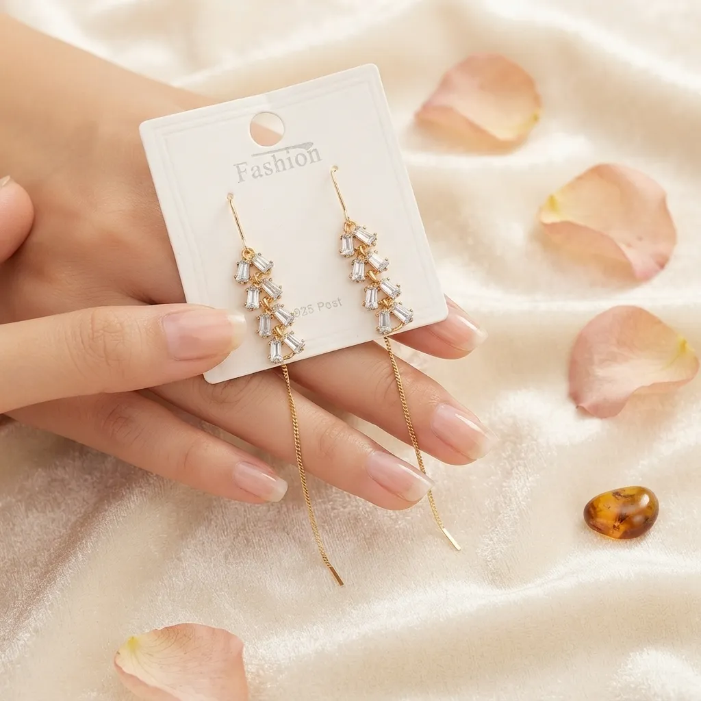 Long Earrings - BXK Sparkling Cluster Chain Dangle Earrings - Luxury Jewellery - Long Earrings - BXK - Image 1
