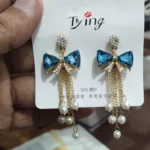 Elegant Blue Bow Tassel Earrings - Luxury Jewellery Collection - Bow Earrings - BXK - Image 2